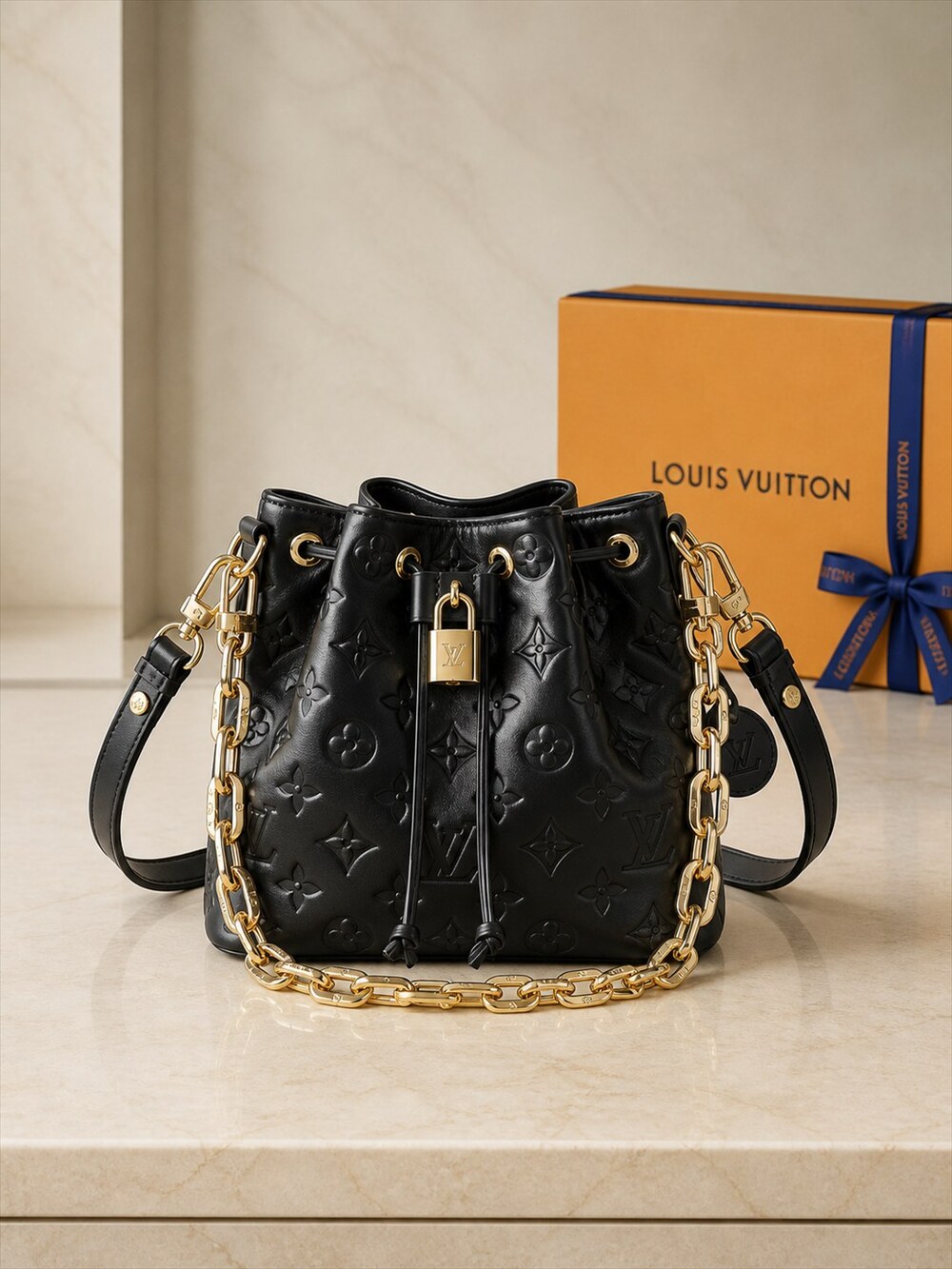 Louis Vuitton Black Lambskin Bucket Shoulder Bag | Coussin
